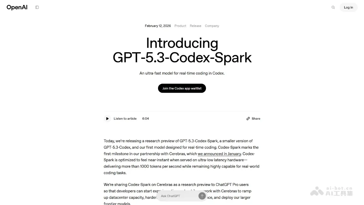 GPT-5.3-Codex-Spark - A lightweight programming model and AI toolset from OpenAI